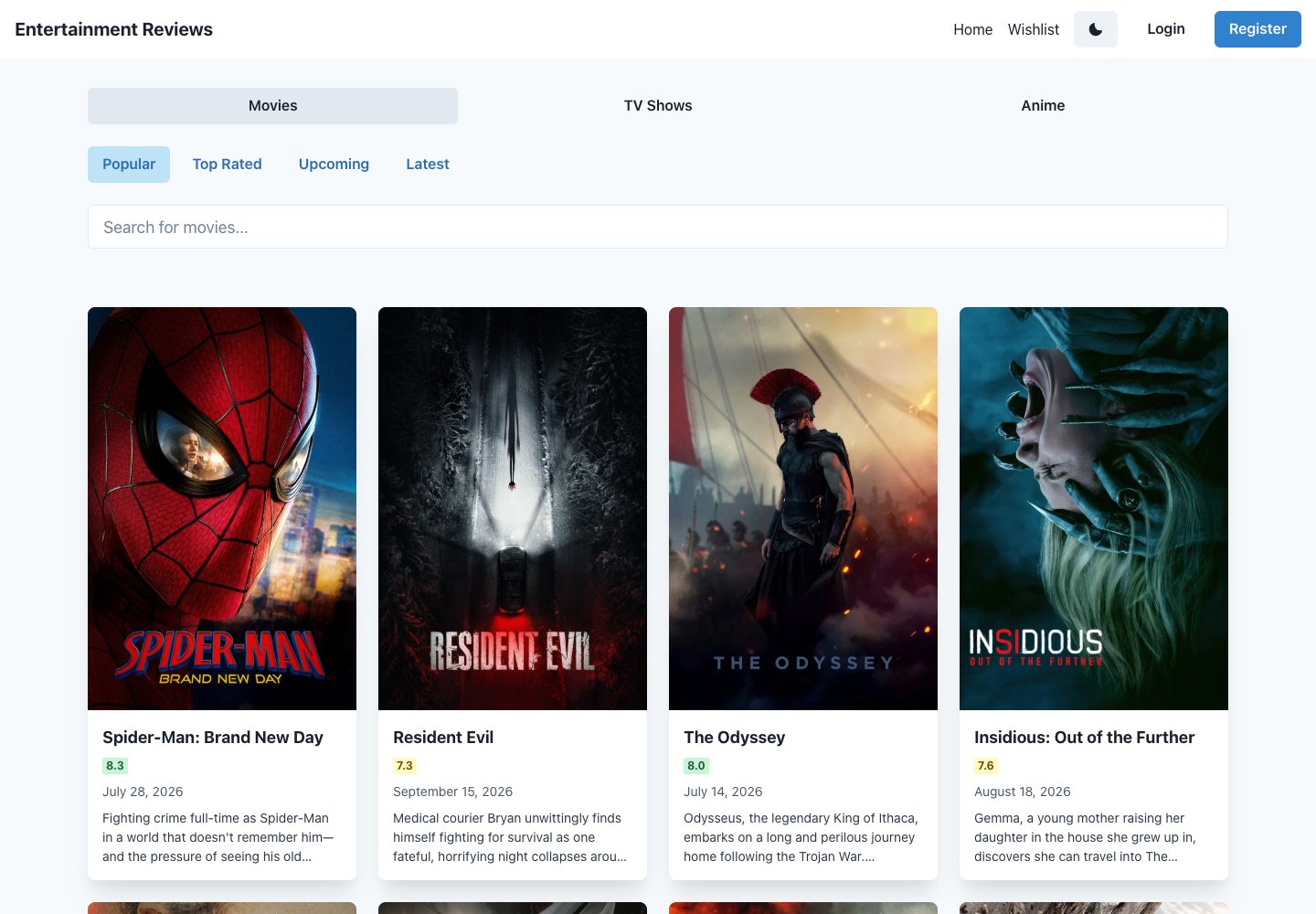 Entertainment Review desktop website